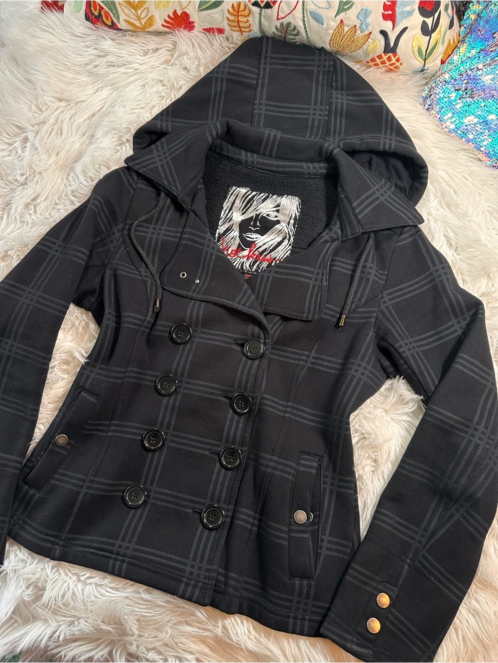 Hot Kiss • Vintage Y2K Plaid Double Breasted Hooded Peacoat